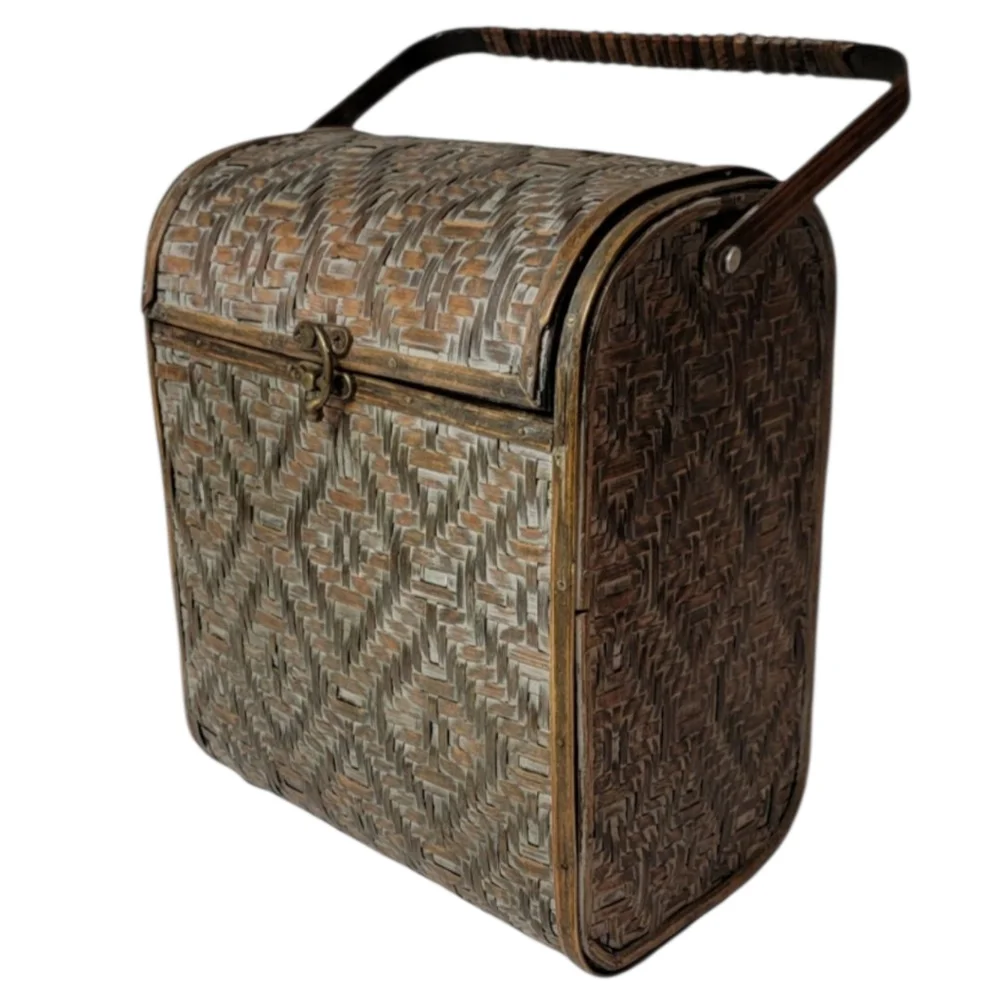 Vintage Geometric Wicker Wood Treasure Chest Basket Purse Bag Hinged Lid Latch